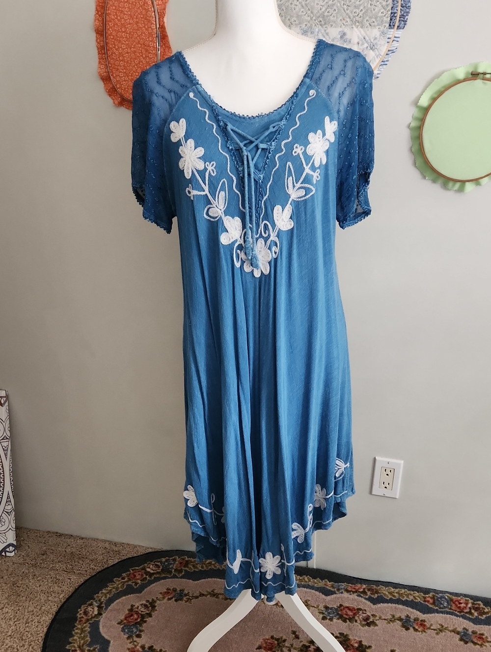 Blue Dress with White Embroidery